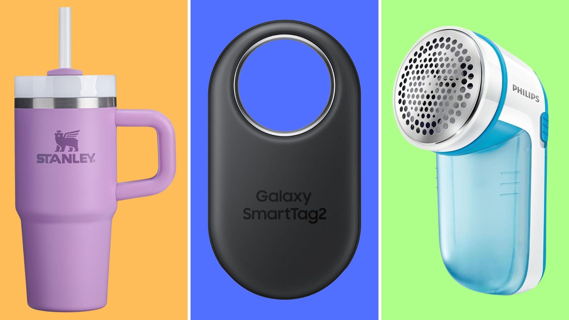 A Stanley tumbler, a Samsung smart tag, and a Philips fabric shaver.