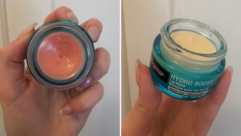 Alice is holding the Sheer Berry and Sheer Ice lip masks with their lids off.