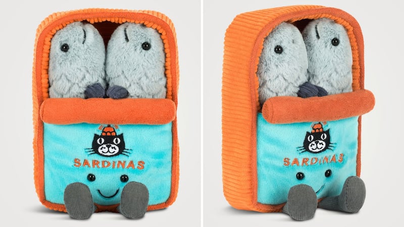 Two photos showing different angles of the JELLYCAT Amuseables Sardine Tin Plush Toy.