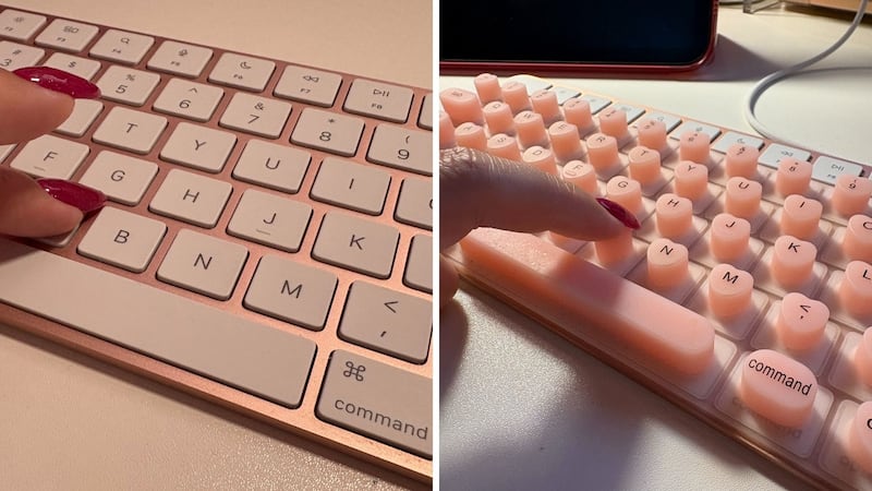 Bianca showing how flat the original keys to the Mac Magic Keyboard is compared to how much room the Luxe Louise Silicone Keyboard Cover gives her long nails