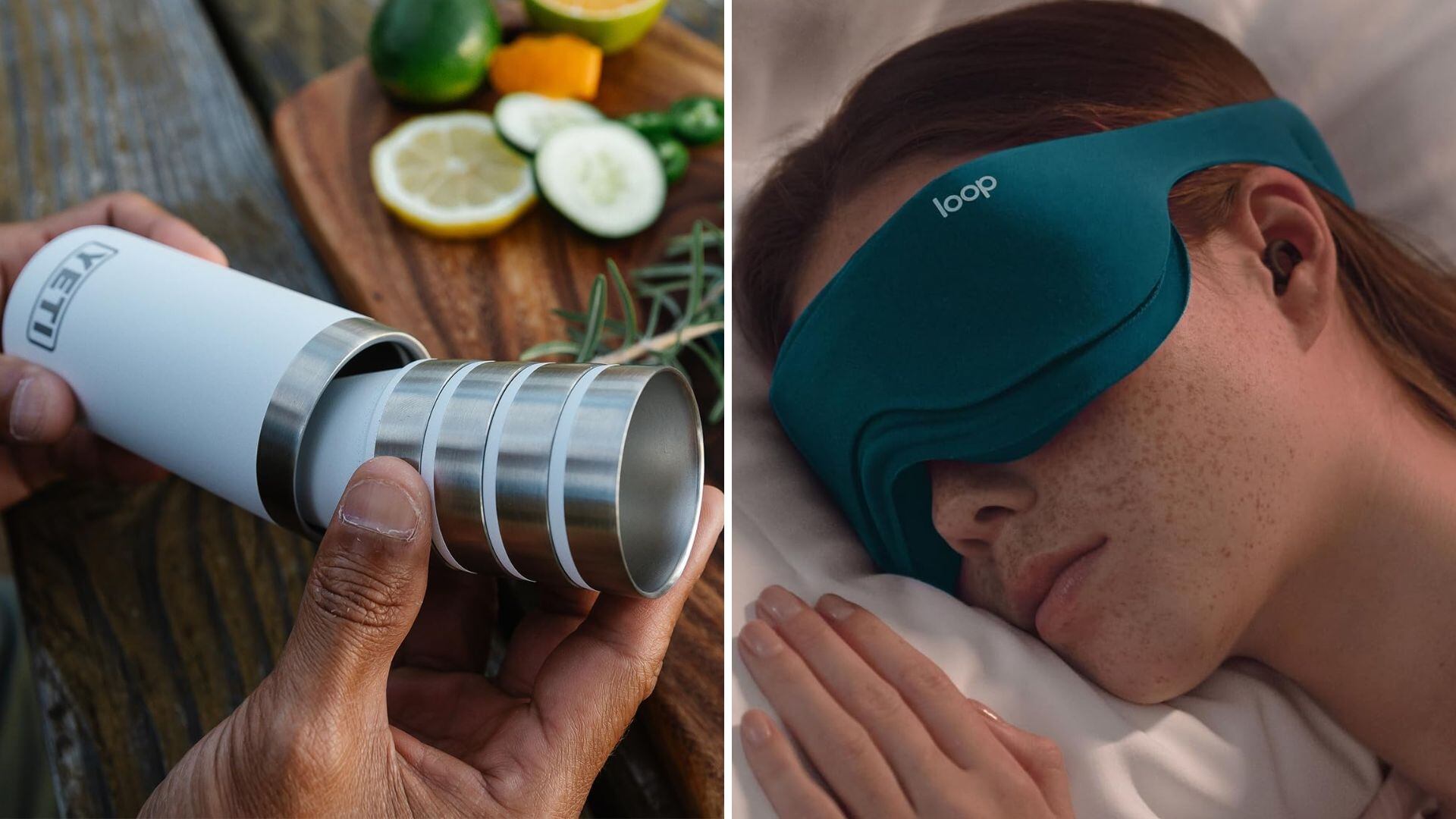 YETI Shot Glasses and a Loop sleep mask.