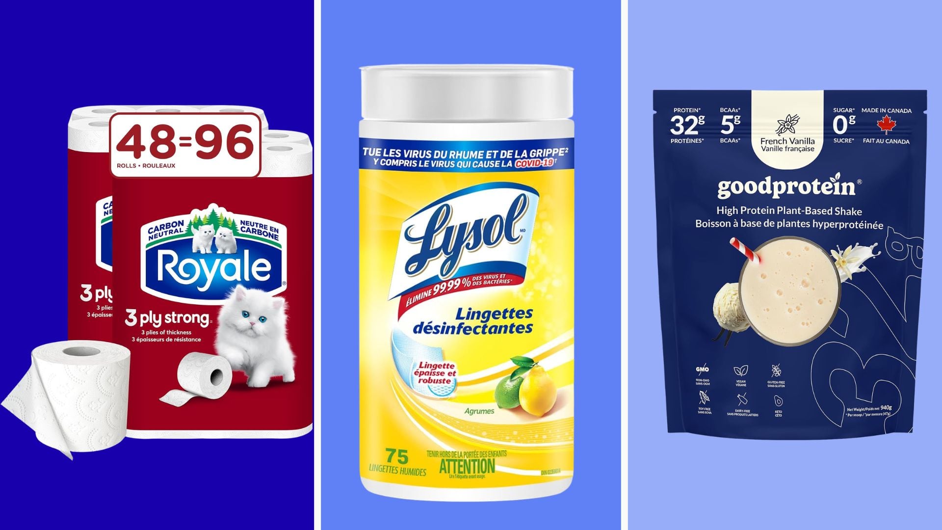 a split image of toilet paper, Lysol wipes, and protein powder with a bright and colourful background