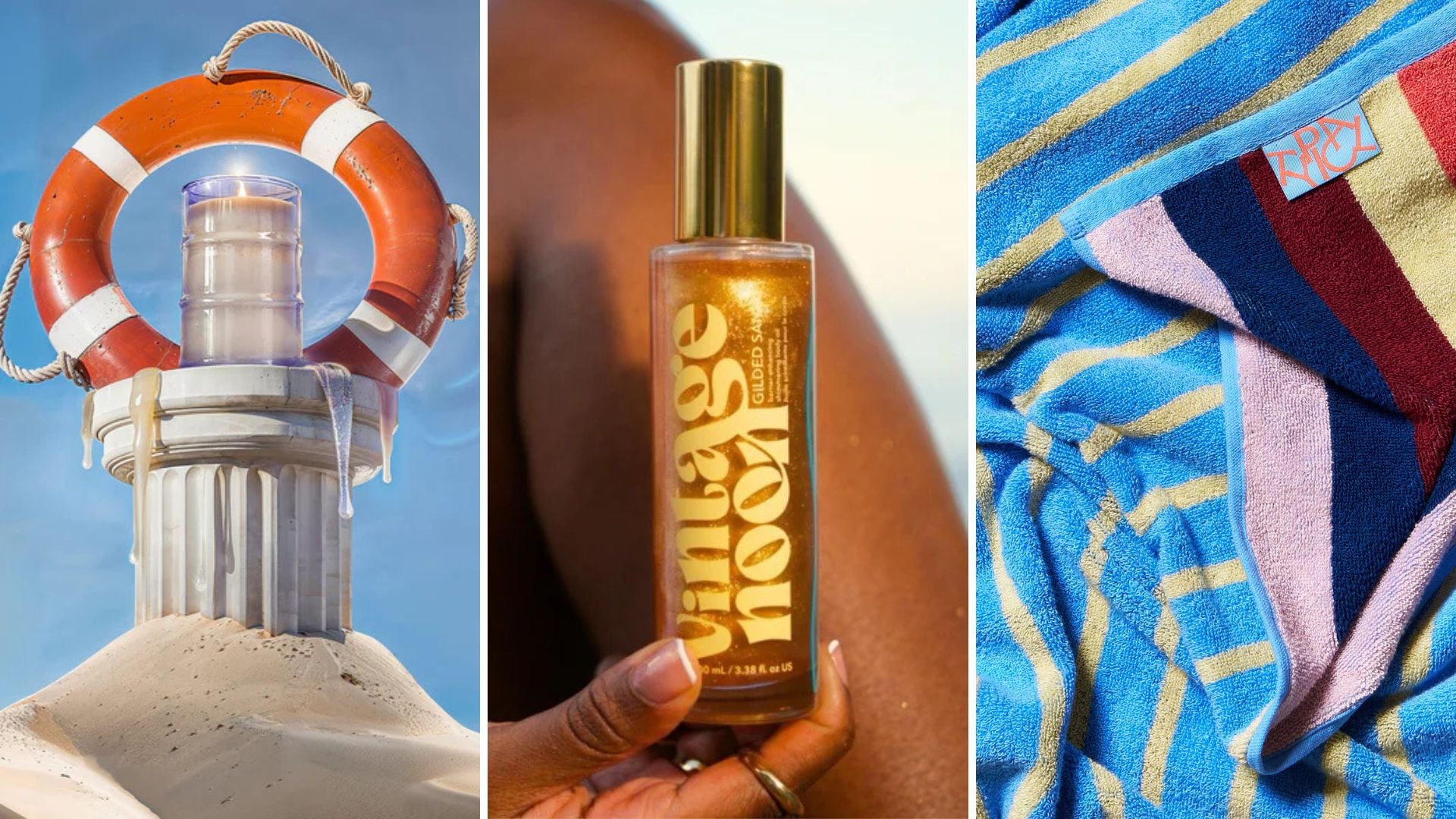 A VIGYL Hanlan's Point candle, Vintage Noon body shimmer, and a Typical Stretch Towel.