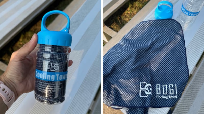 split image of a bottle and cooling towel laying flat on a bench