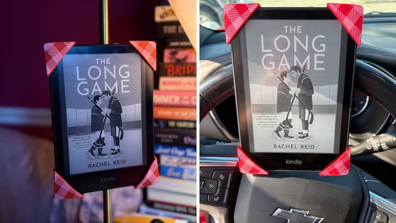 Bianca's Kindle mounted to a lamp on her desk (left), and the steering wheel of a parked car (right)
