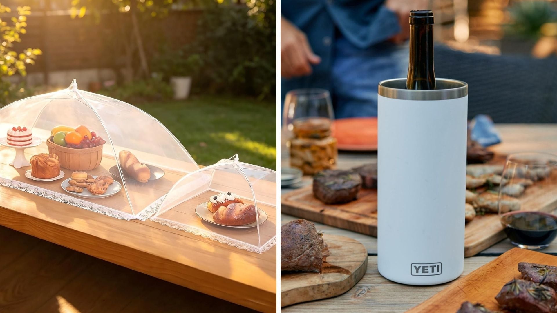 a split image of food tents over trays of food outside and a wine chiller on a table with steaks