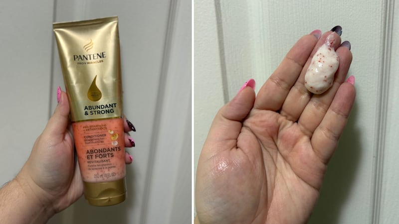 a split image of Bianca holding the tube of conditioner and some of the conditioner in her hand