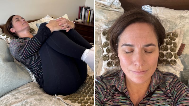 Split images of Valérie Sardin testing the Acupressure mat
