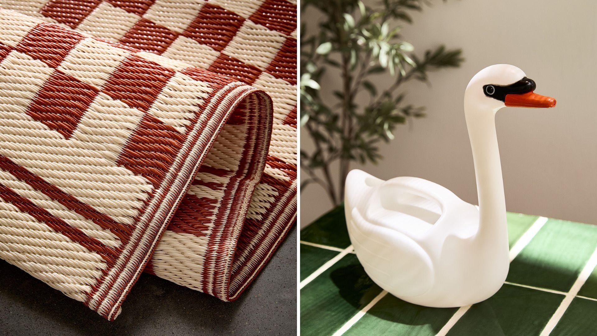 a split image of an outdoor rug and a swan watering can