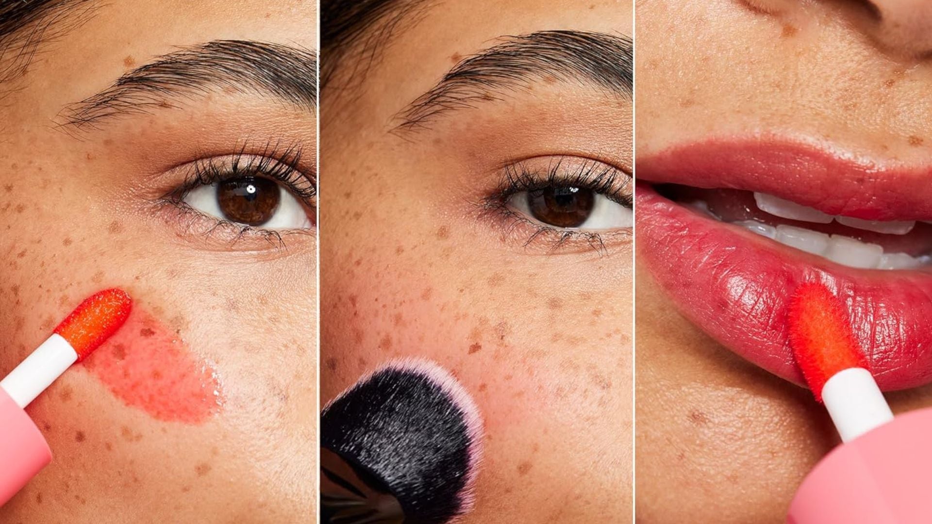 a split image showing a stain being applied to the cheeks and lips