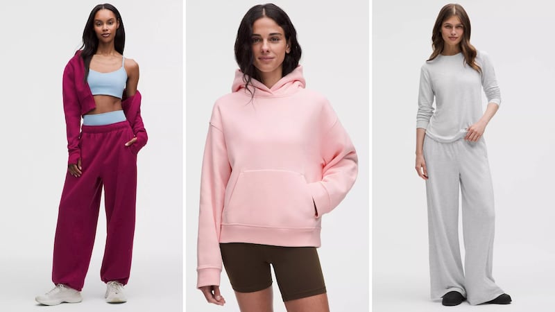 Three models wearing different Lululemon loungewear outfits.