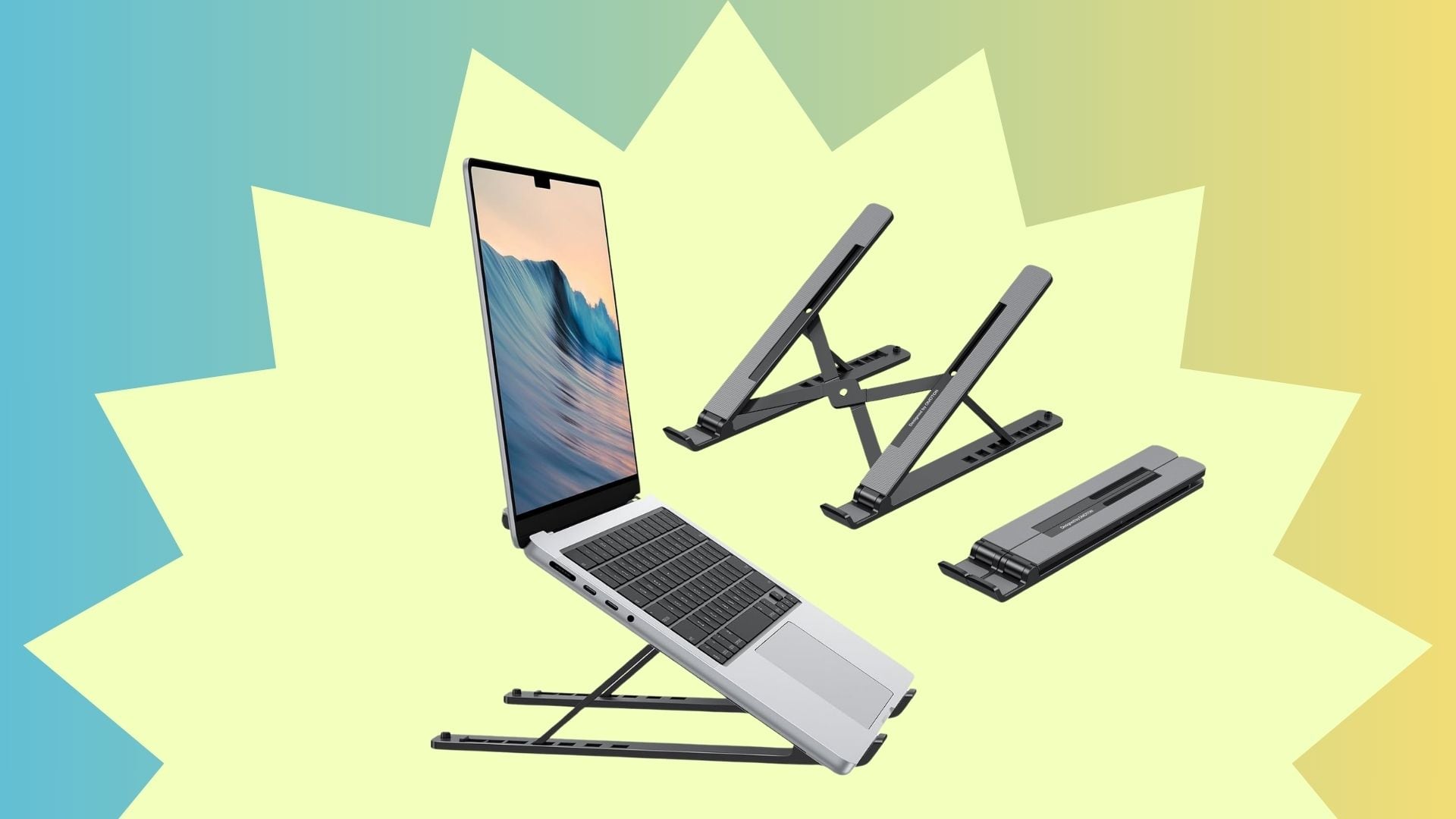 The OMOTON Laptop Stand in a green gradient sunburst.