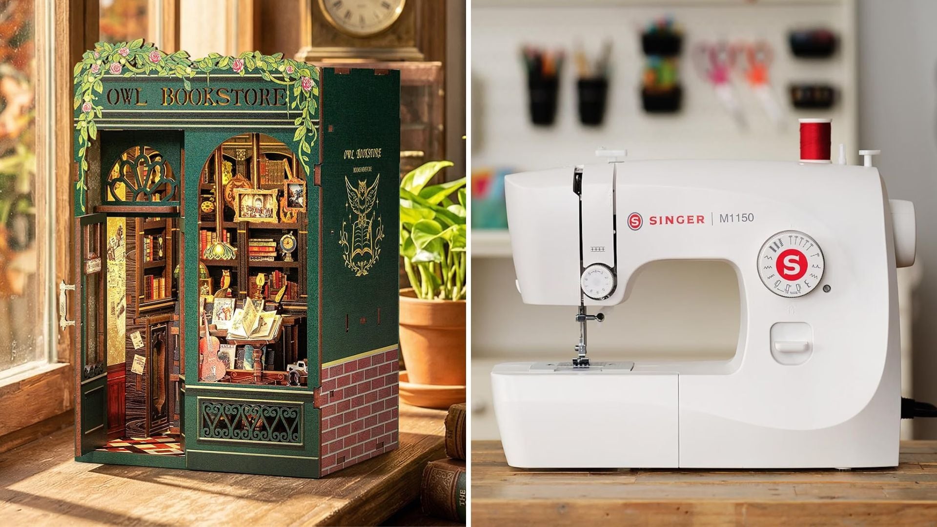 A book nook on a windowsill and a sewing machine on a wooden table