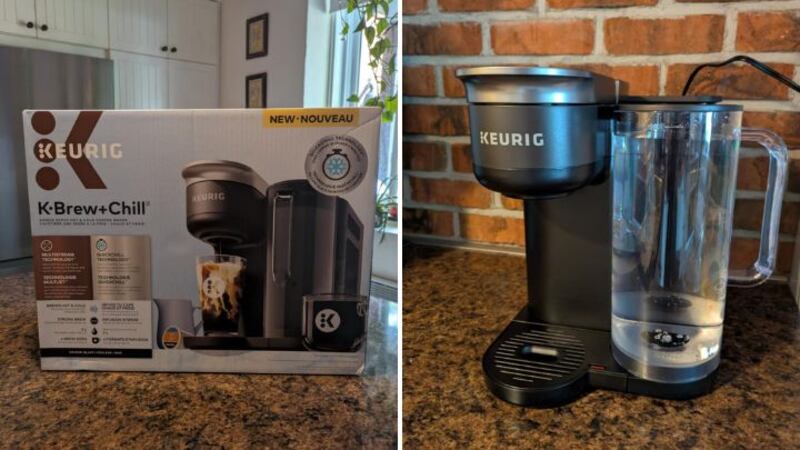 Split images of Keurig K-Brew+Chill Coffee Maker box and machine