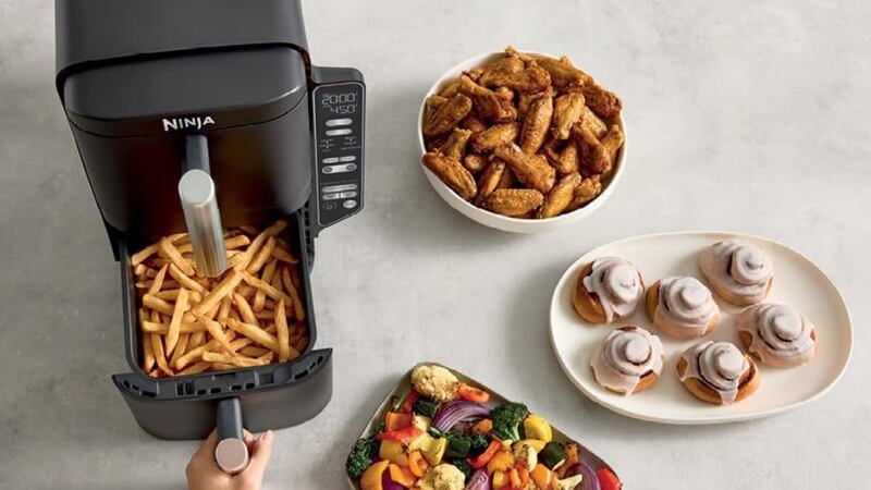 A Ninja air fryer surrounded by food.