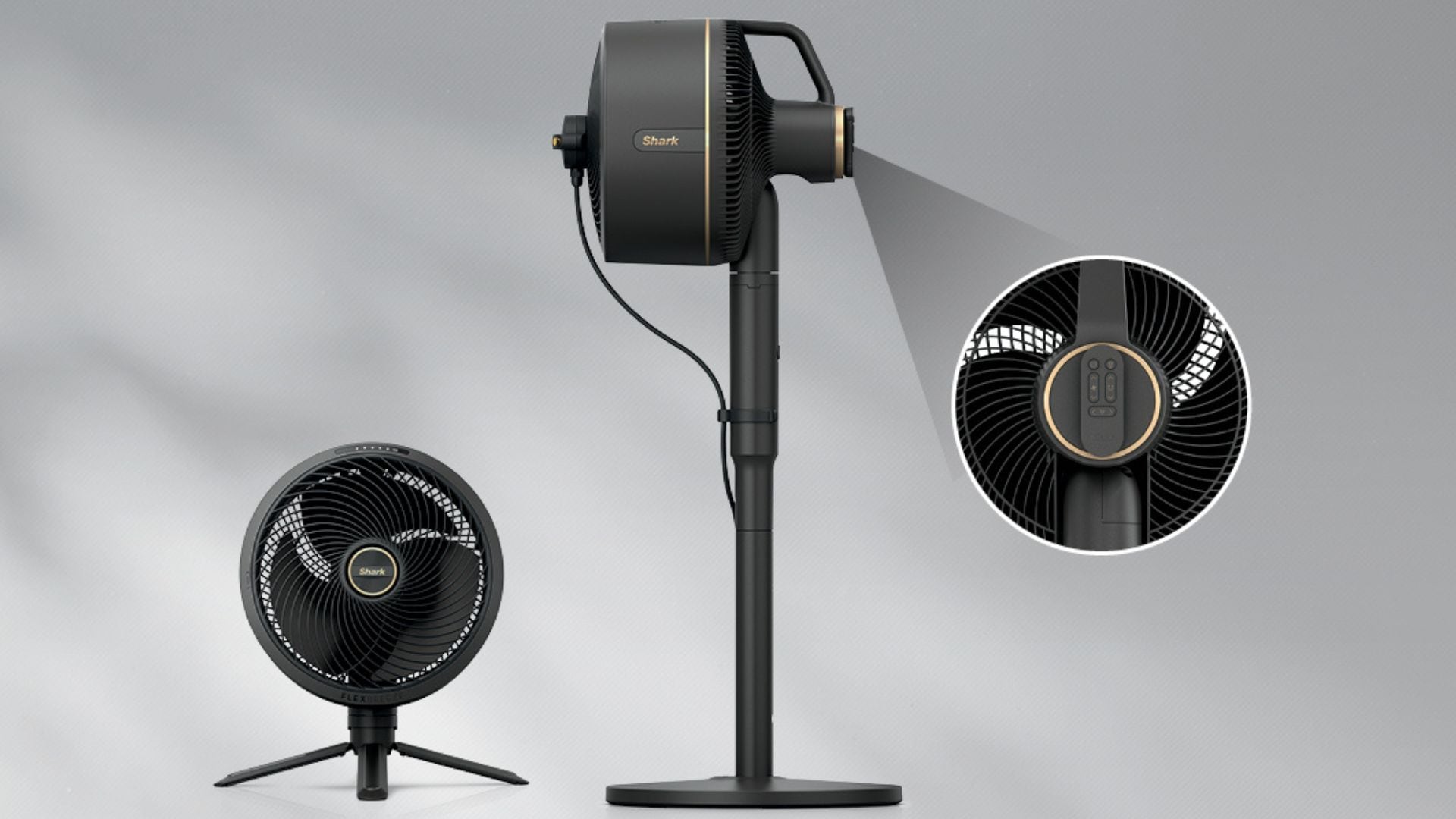 Shark FlexBreeze Outdoor & Indoor Fan in tabletop format, fully extended, and with a zoomed-in image of the blades.
