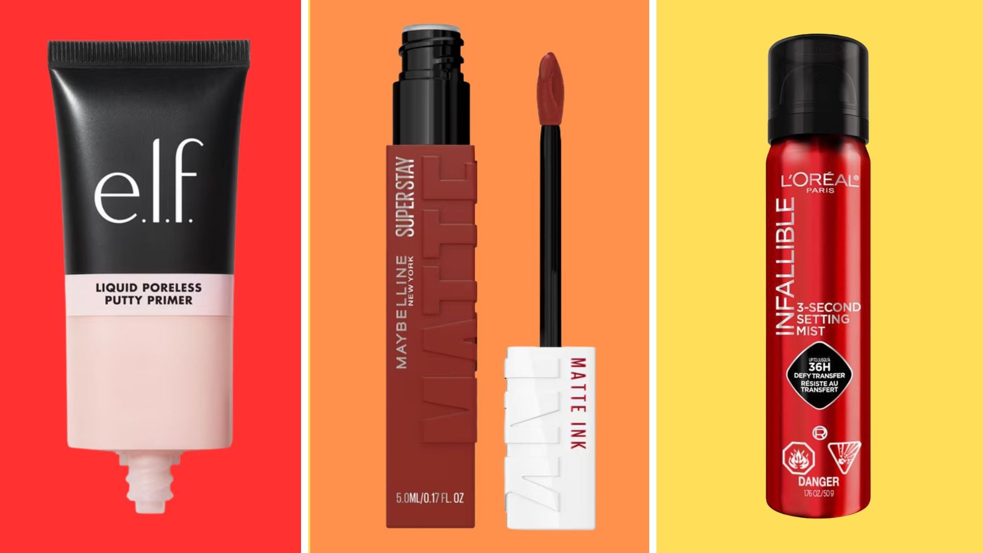 a split image of a primer, lipstick, and setting spray