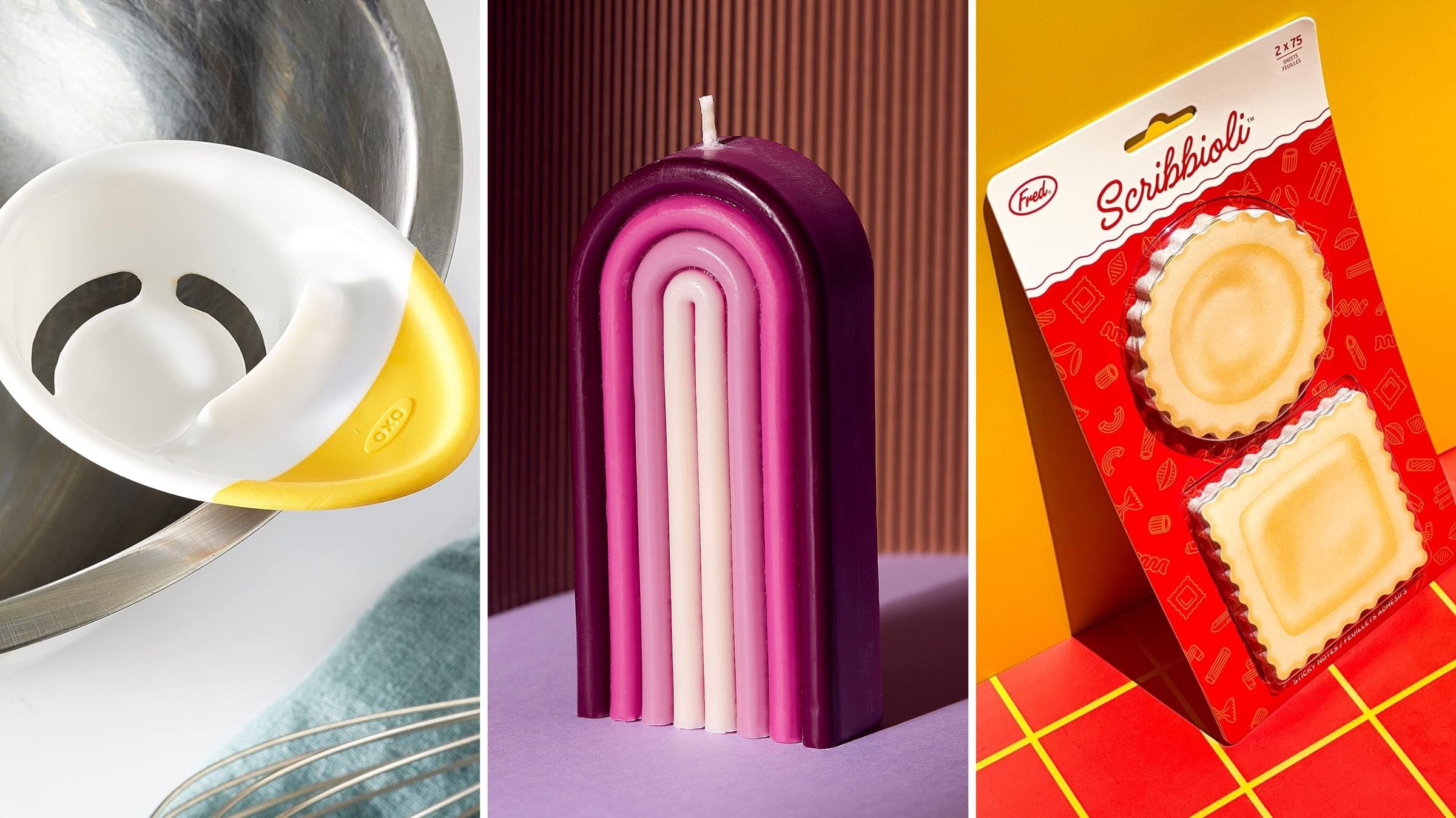 An egg separator, an arch candle, and pasta sticky notes.