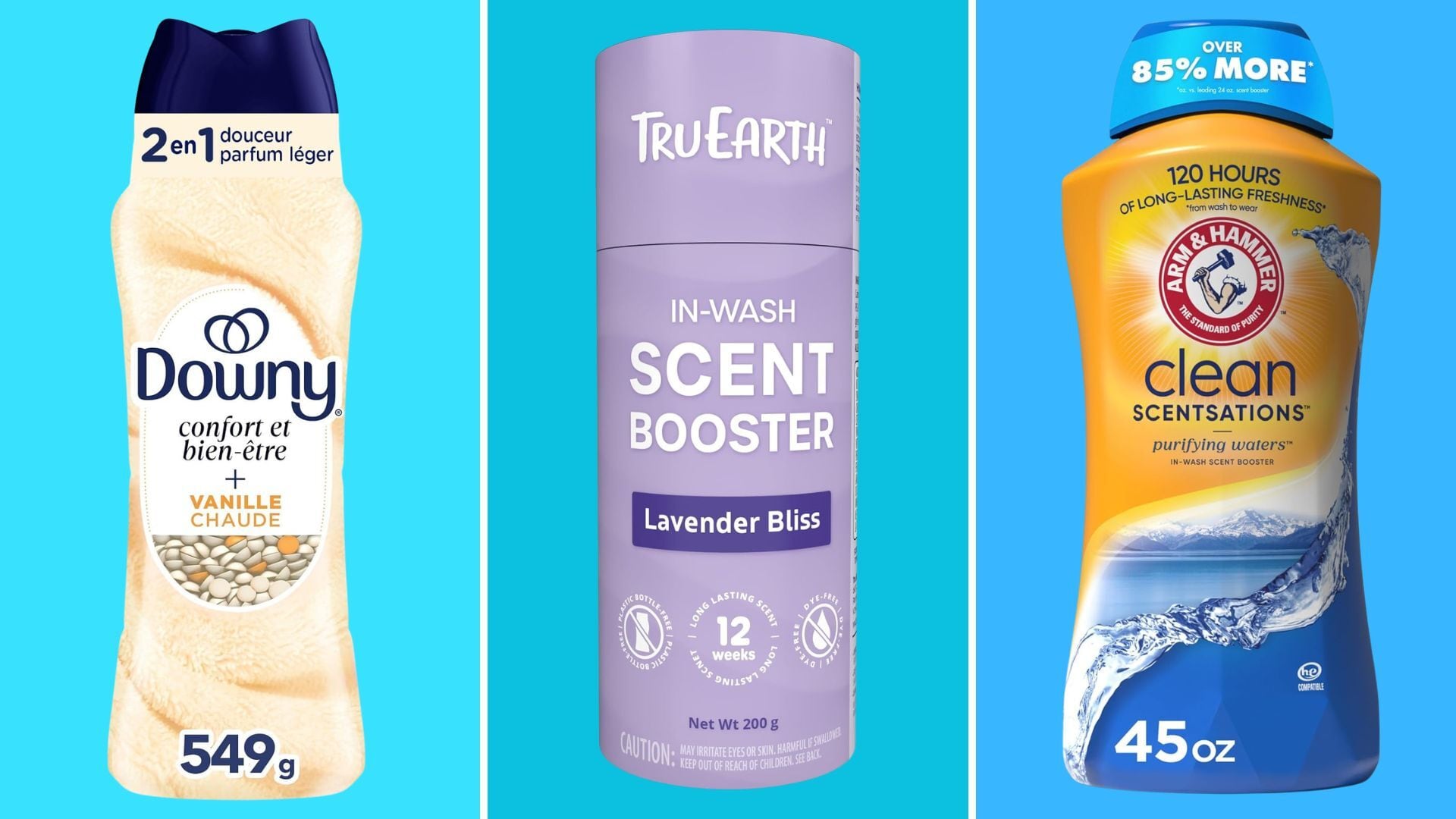 three laundry scent boosters with a bright colourful background