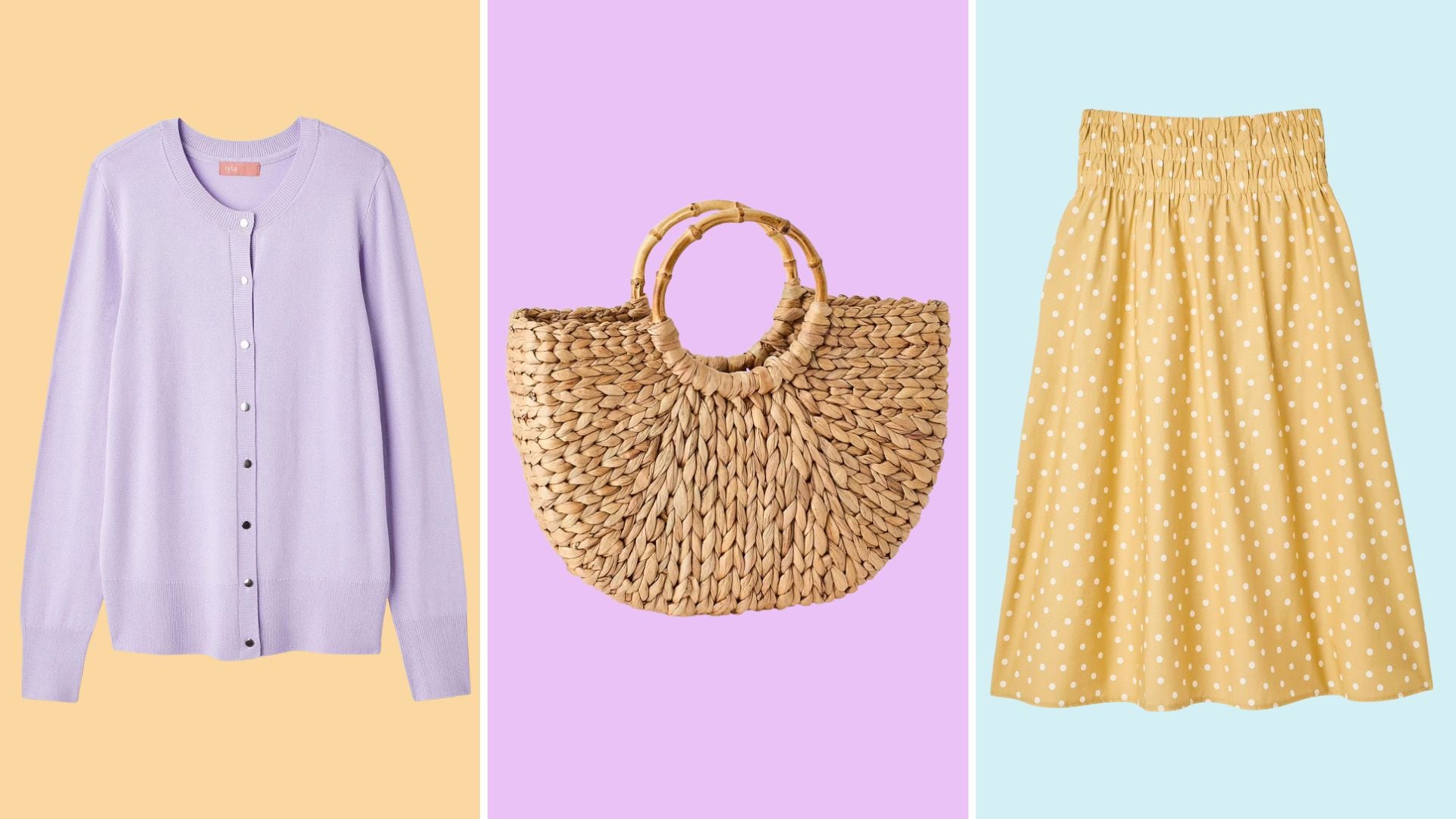 An Ilya cardigan, a straw bag, and a polka dot skirt from Walmart Canada.