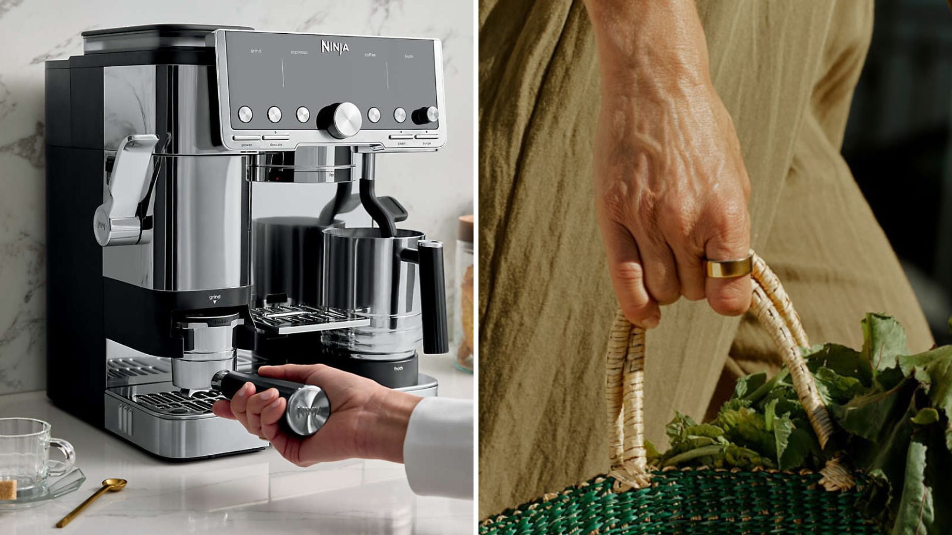 A Ninja coffee system and a person wearing an Oura ring.