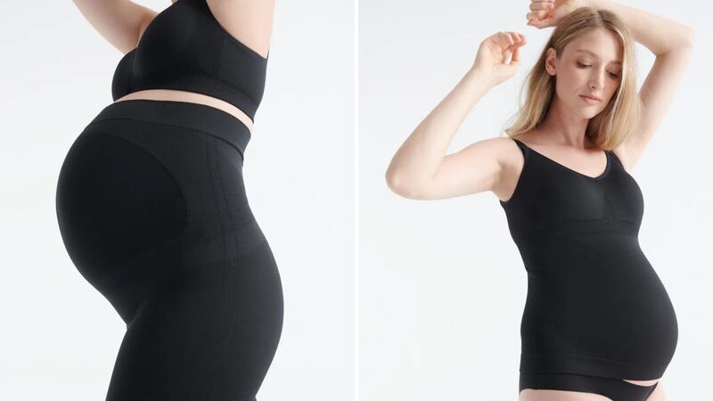 A person wearing pregnancy leggings and a person wearing a pregnancy tank.