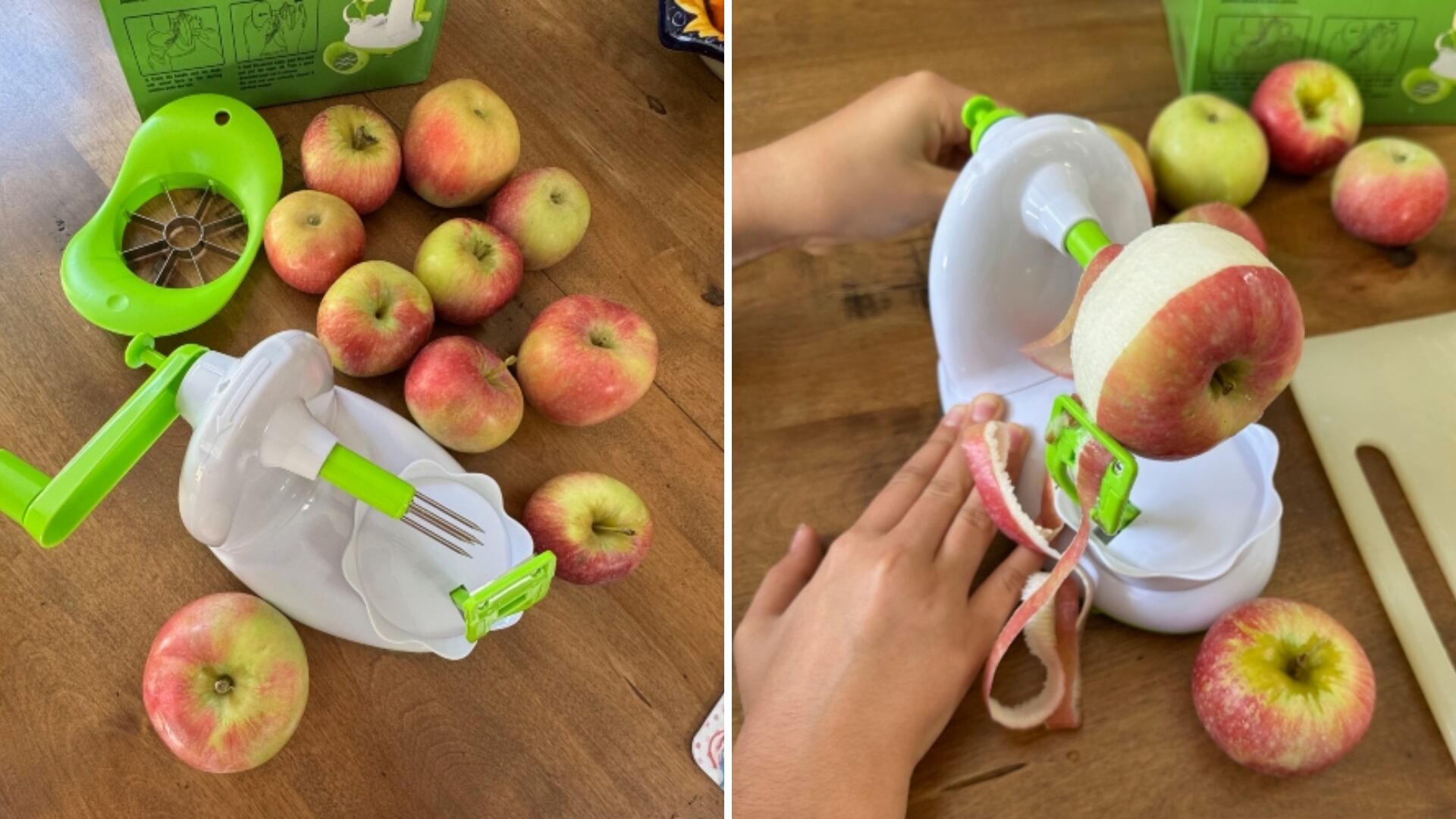 Split image of Valerie using the EZMO 3-in-1 Apple Peeler