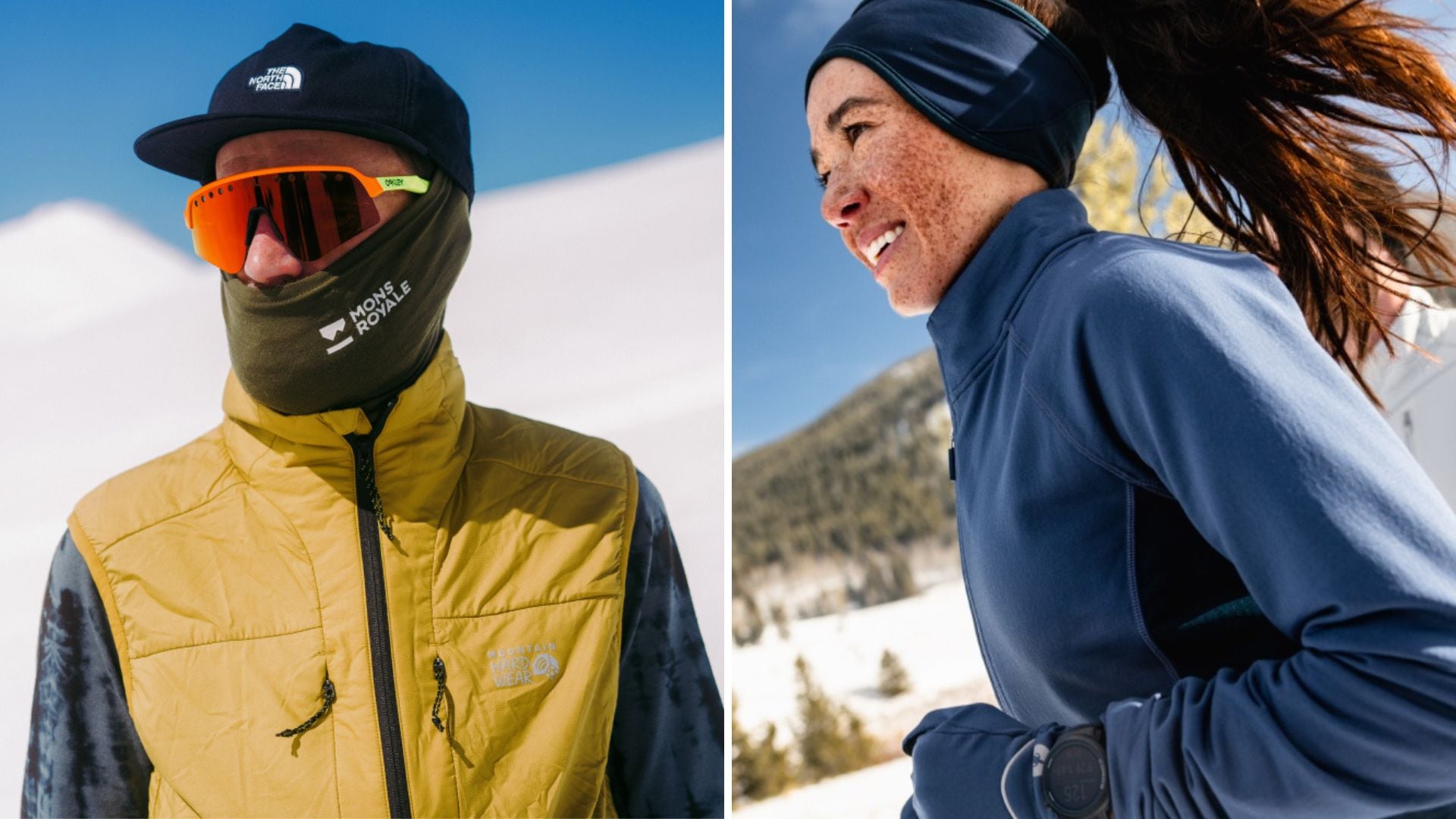 A person wearing winter gear on a mountain and a person running while wearing a merino wool winter outfit.