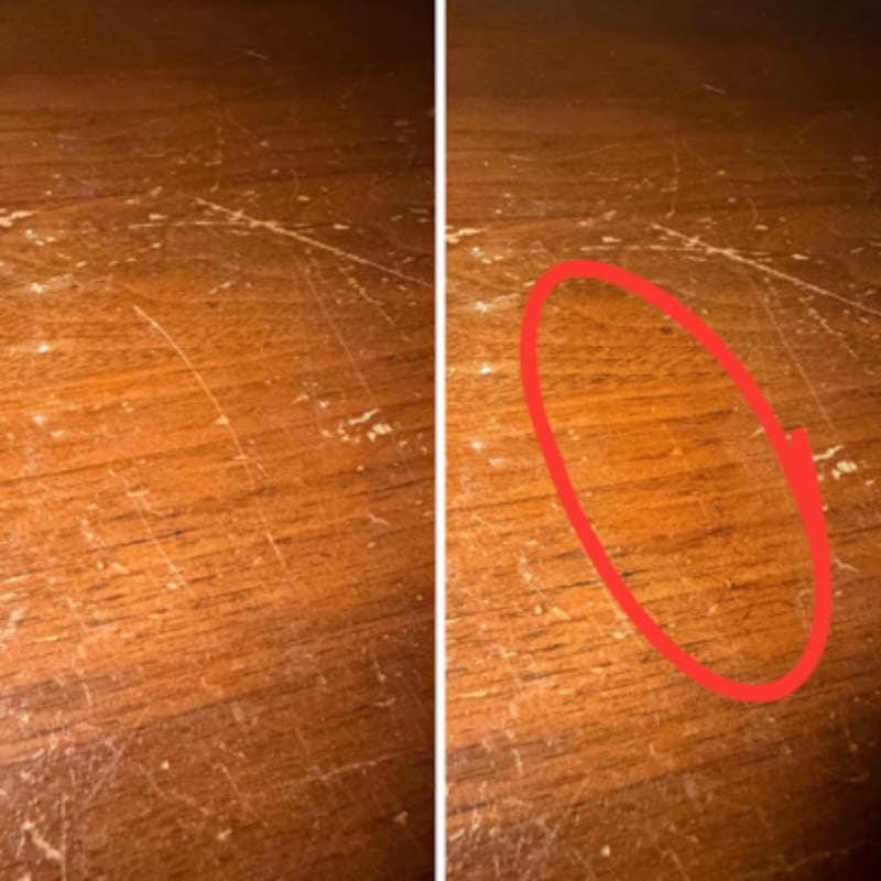 Split images of before and after using the Tibet Almond Stick wood surface scratches removers