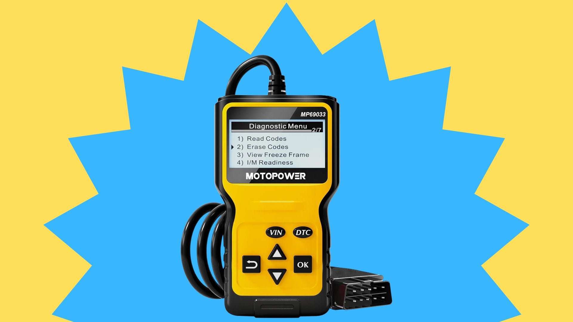 The MOTOPOWER MP69033 OBD2 Scanner in a blue starburst.