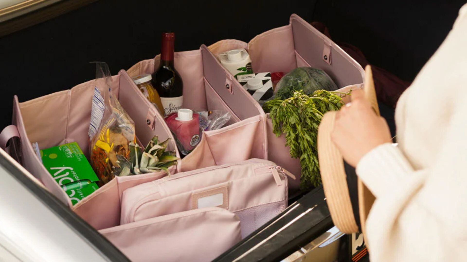a trunk organizer holding groceries in a trunk