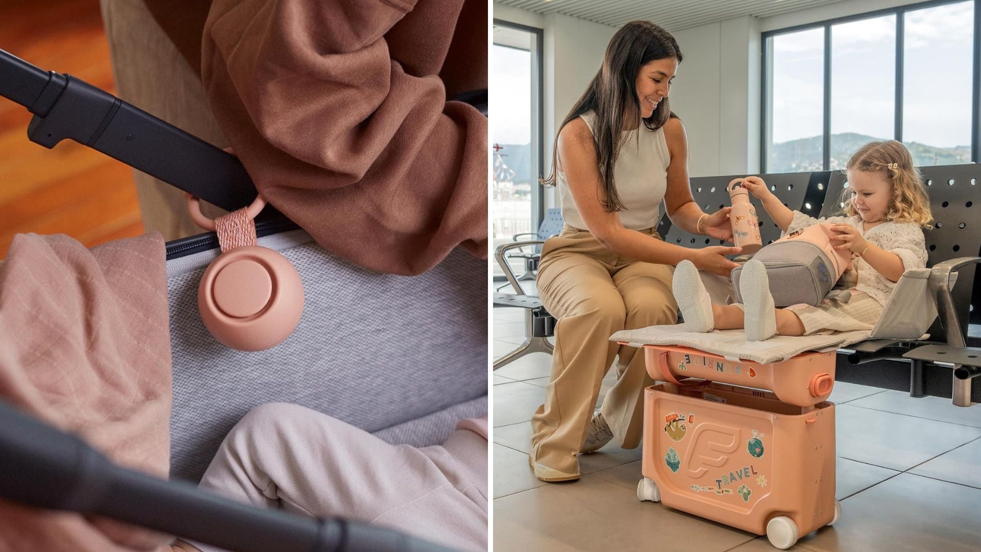 a split image of a portable Hatch sound machine on a carrier, and a parent and child relaxing in an airport lounge