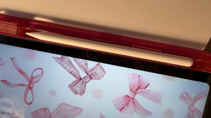 The digital pencil nesting in the nook on the iPad case