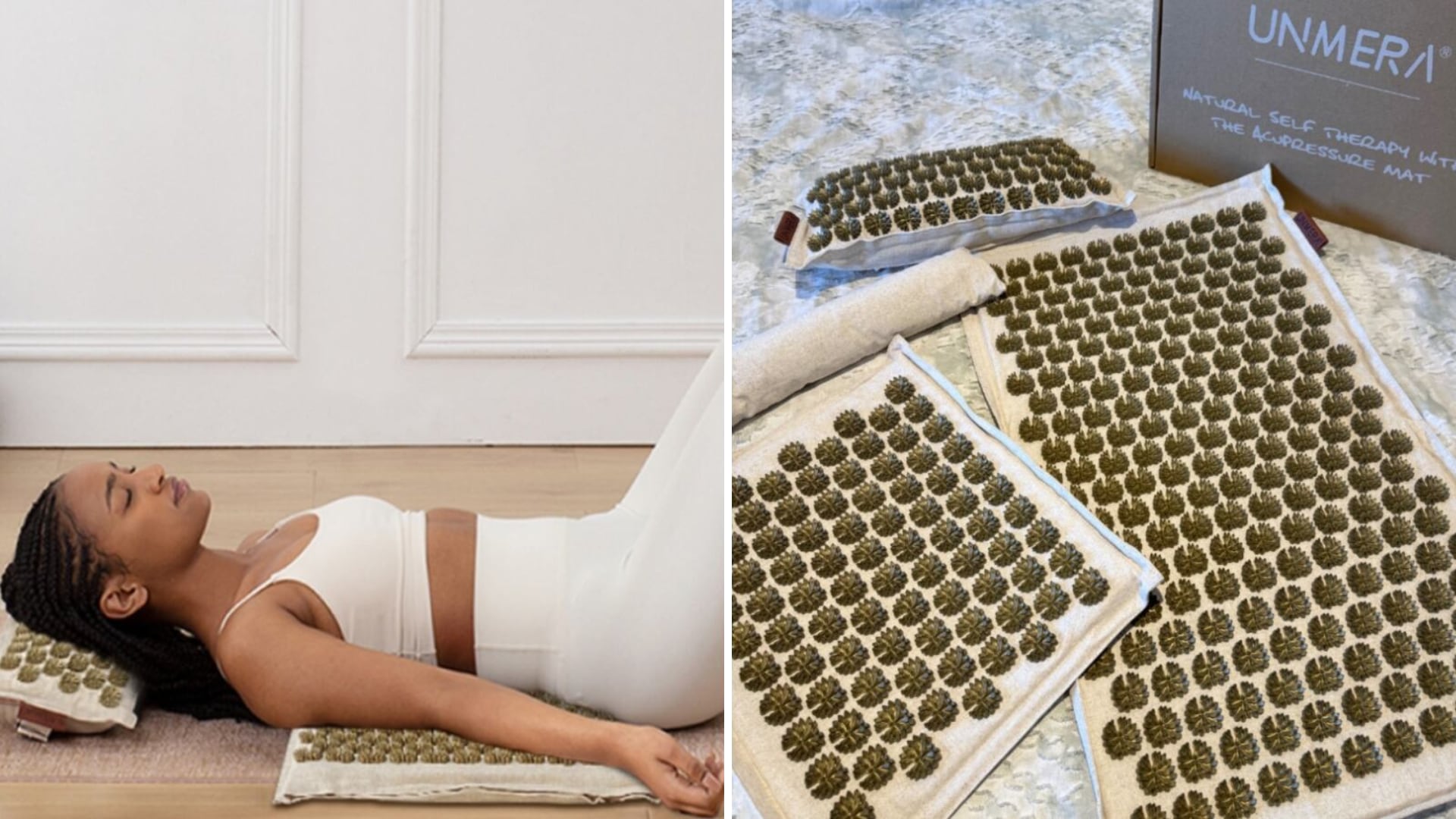 Split images of model the acupressure mat and pillow and model lying on them