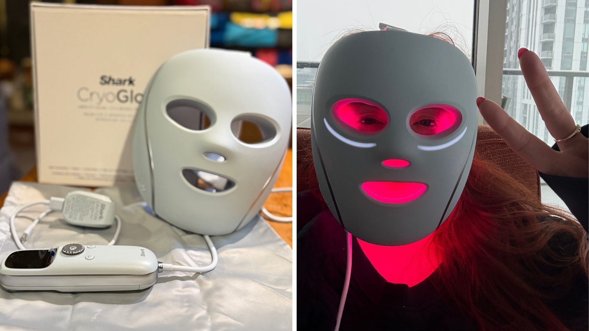 the mask with the box and Meg wearing the mask.