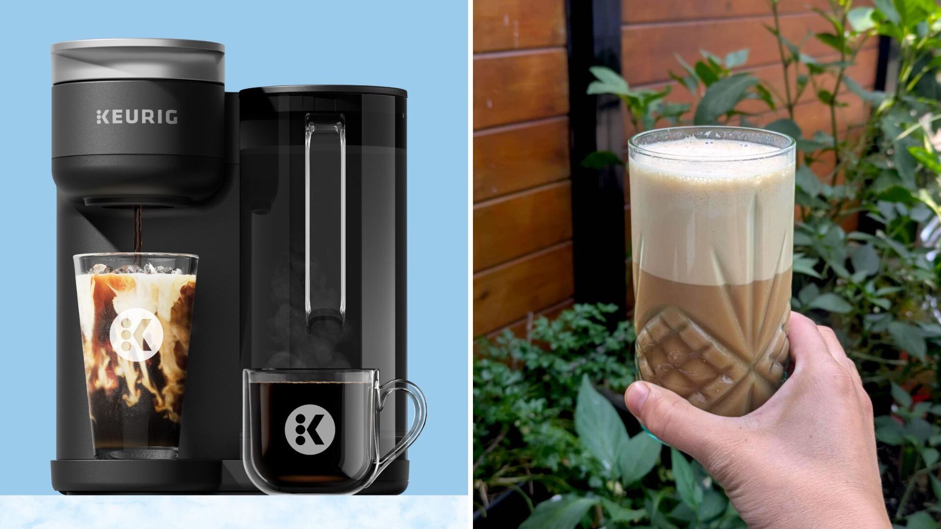 Split images of Keurig K-Brew+Chill Coffee Maker and Lysandre Dolbec holding a glass of homemade coffee