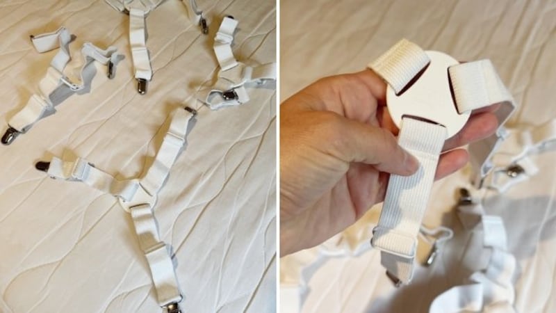 Split image of 4 white bed sheet holder straps