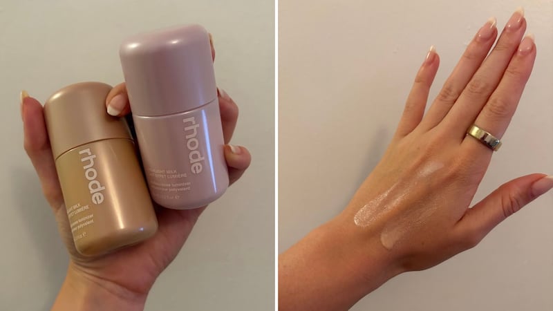 Rhode Highlight Milk in its bottle and swatched on Alice's hand.