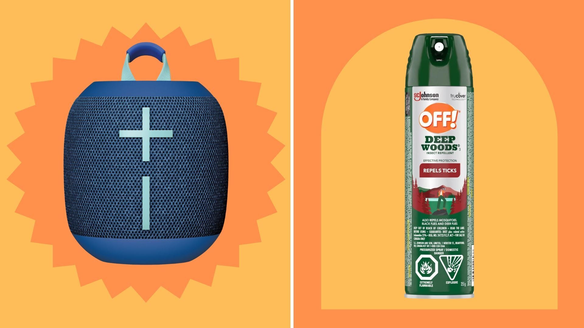 a speaker and a bottle of bug spray with a plain background