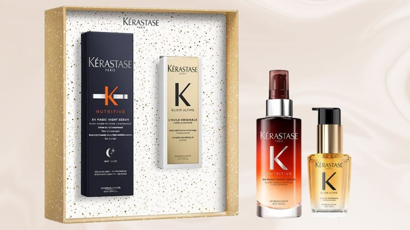 The Kerastase Nourishing Holiday Set For All Hair Types on a swirly background.