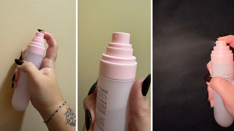 Close-ups of the bottle, nozzle, and the fine mist that dispenses out of it