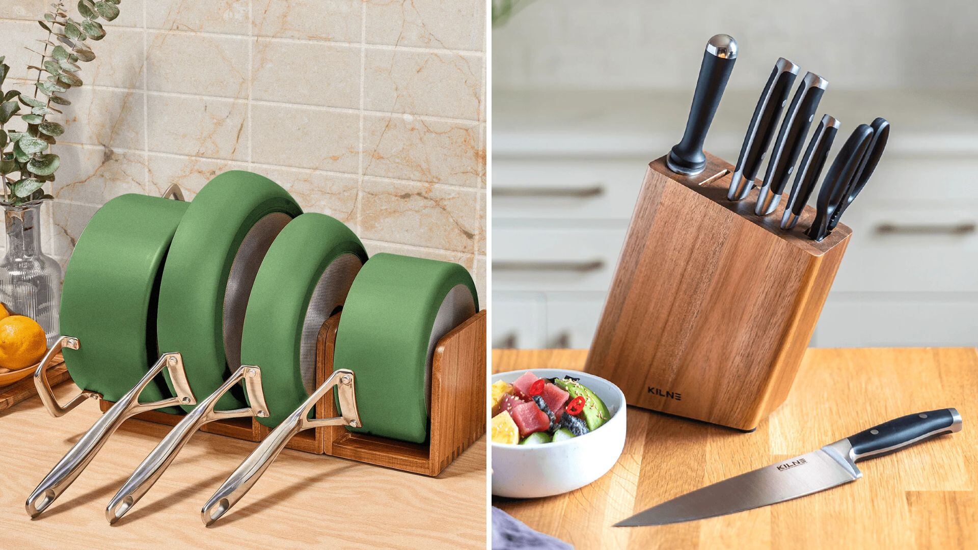 Kilne pots and pans, and a Kilne knife set.