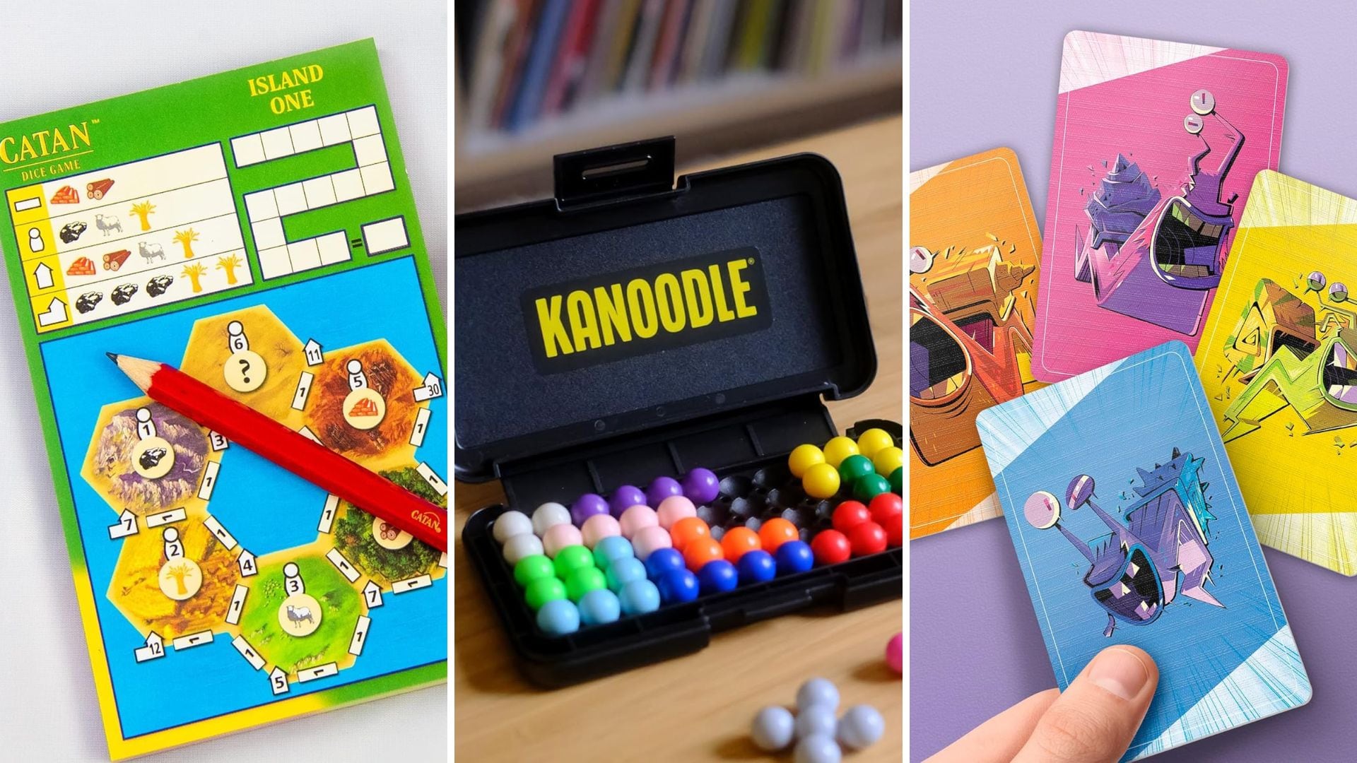 Catan Dice Game, Kanoodle, and Snailed It!