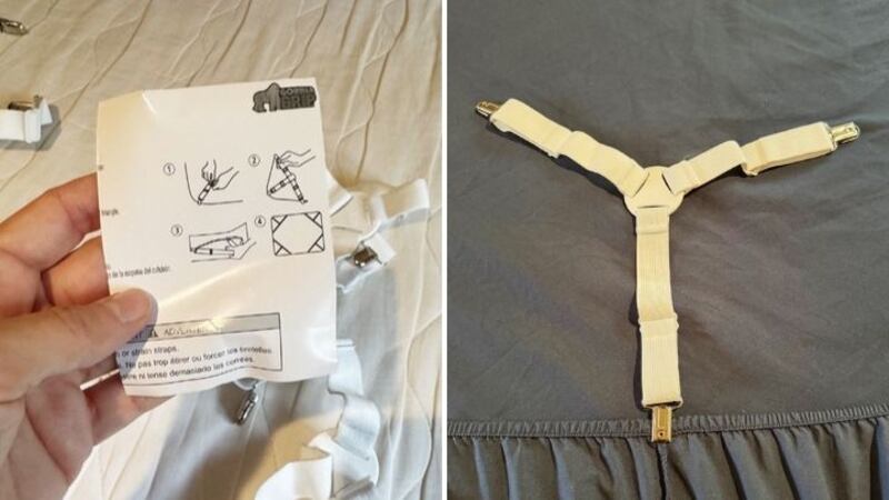 Split image of Valerie holding a manual and one bed sheet holder strap