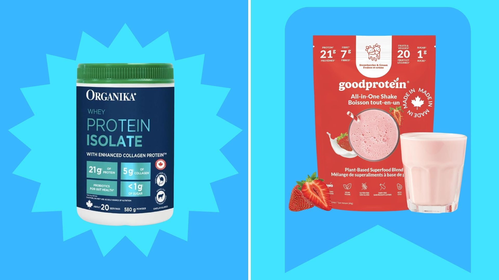 two protein powders with bright and colourful backgrounds
