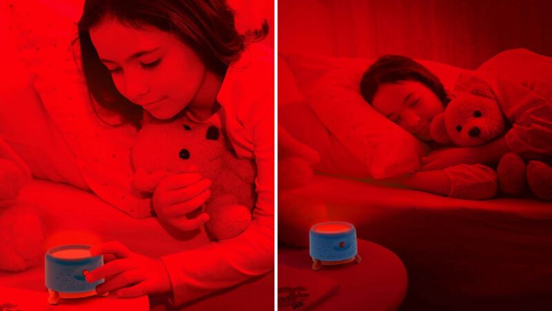 Split image of a child sleeping next to a therapy sleep device