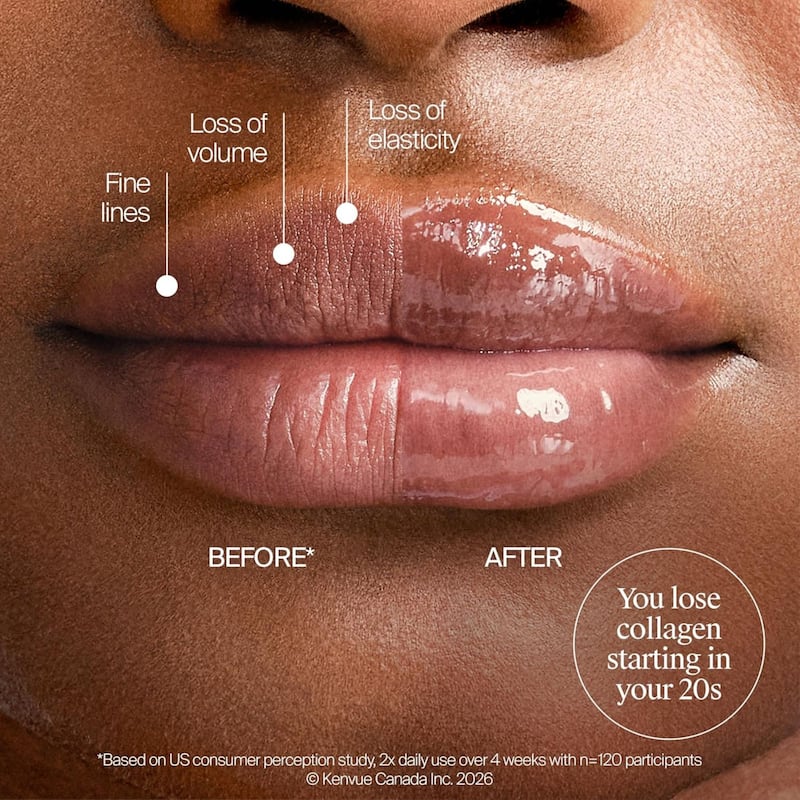 A photo showing before and after using the collagen lip plumper from Neutrogena.