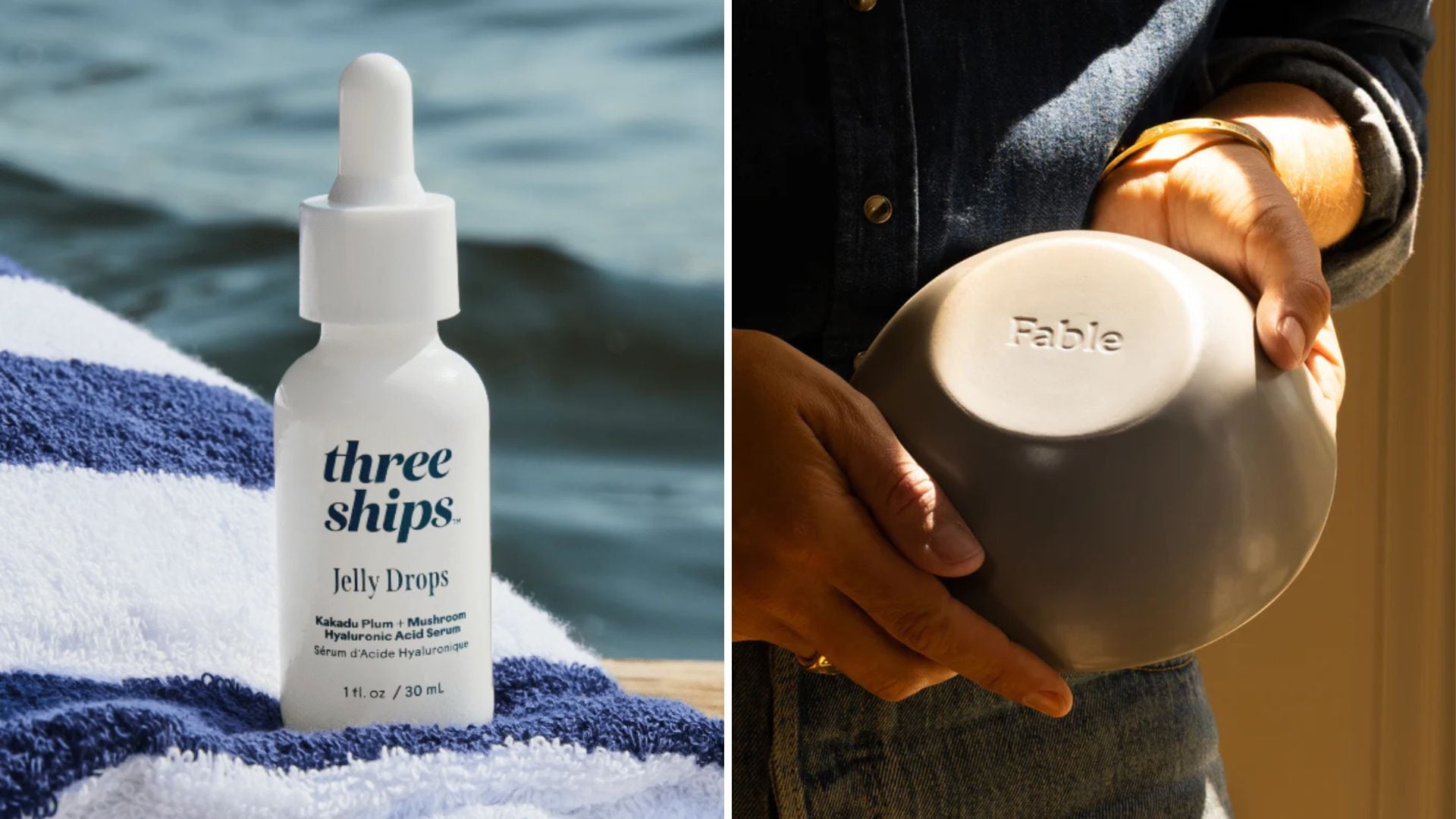 a split image of a skincare product on a towel and a person holding a bowl upsidedown