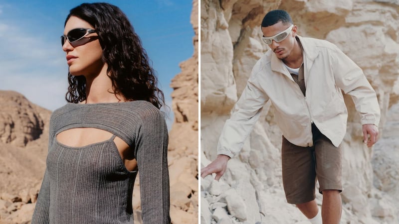 a split image of models wearing different outfits