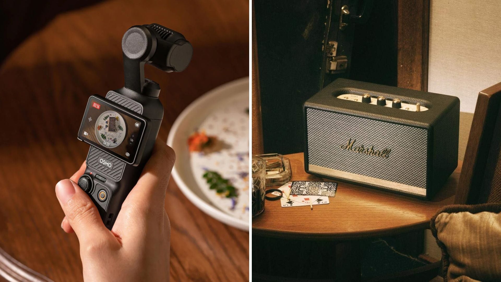 A DJI Osmo Pocket 3 and a Marshall speaker.